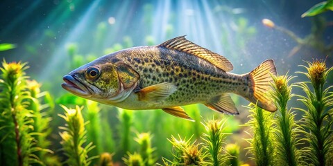 Freshwater bullrout fish with striking camouflage pattern swimming in a serene, partially-submerged aquatic environment surrounded by lush green aquatic plants and soft sunlight.
