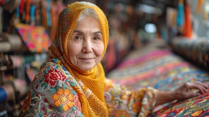 Elderly artisan wearing a colorful headscarf showcases intricate handwoven textiles in a vibrant market. Generative AI