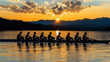 A group of rowers are rowing a boat on a lake at sunset