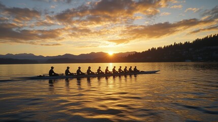 A group of rowers are rowing a boat on a lake at sunset