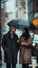 A candid portrait of a couple walking in the rain, sharing an umbrella, their expressions reflecting quiet contentment