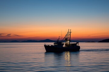 A boat is sailing in the ocean at sunset