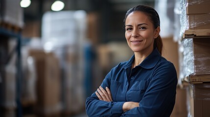 Naklejka premium A woman in a blue shirt stands in front of a stack of boxes