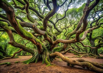 Fototapeta premium Gnarled branches stretch across the forest floor, their weathered limbs intertwined in a living lattice, telling the story of countless seasons and stories untold.