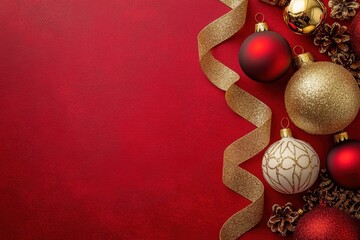 holiday card design, a holiday greeting card design featuring festive ornaments, golden ribbon, and a red background for a merry christmas celebration