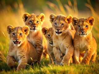 Golden fur shines beneath the warm sun as playful cubs frolic in the grass, tiny manes and tails flowing with their joyful laughter.