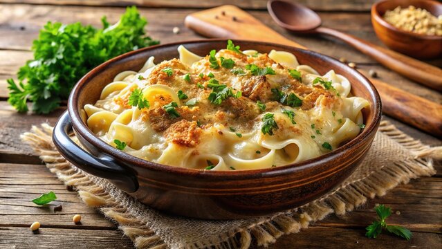 Golden pasta swirls surrender to a rich bechamel sauce, cradled by crispy breadcrumbs and parsley, in an earthenware dish on a worn wooden table.