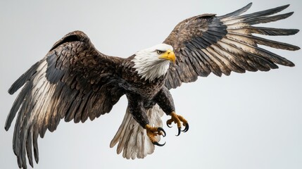 Obraz premium Bald Eagle in Flight with Wings Spread Against a White Background