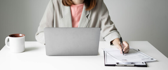 Business woman employer holding resume hiring recruit looking cv resume to hire candidates,...
