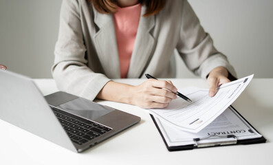 Business woman employer holding resume hiring recruit looking cv resume to hire candidates,...