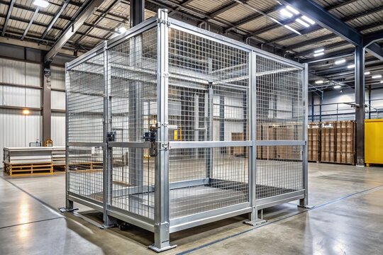Heavy-duty metal cage with reinforced bars, hinged door, and stacking feet designed for secure storage and transport in harsh industrial environments.