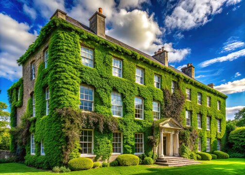 historic Warbleswick Hall's ivy-covered facade surrounded by lush greenery, against a soft blue sky with wispy white clouds.