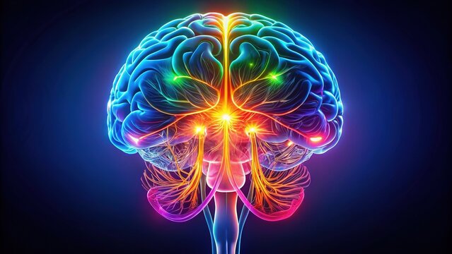 Illuminated illustration of the brainstem, showcasing its structures and divisions, including the midbrain, pons, and medulla oblongata, in vibrant colors on a dark background.