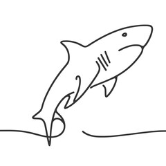 A shark is leaping out of the water. The shark is white and black