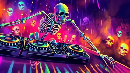 A neon-colored skeleton DJ mixing music at a turntable, creating a lively and surreal party atmosphere with a touch of fantasy and glow. 4K video