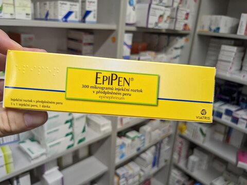 Prague, Czech Republic - August 29 2024: EPIPEN box of medication with epinephrine active substance by Mylan, used for treatment of anaphylaxis, severe allergic reactions, anaphylactic shock.	
