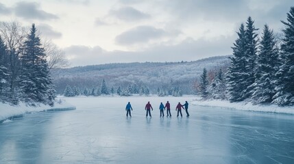A group of friends bundled in winter gear, ice skating on a frozen pond surrounded by snow-covered trees and hills.