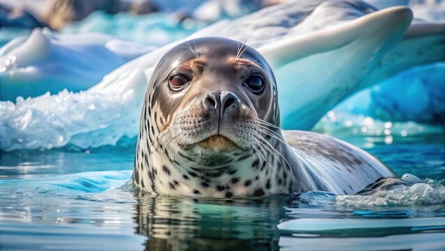 In the frigid waters of Antarctica, a large sea leopard seal emerges, its mottled brown and gray fur glistening in the dim light.