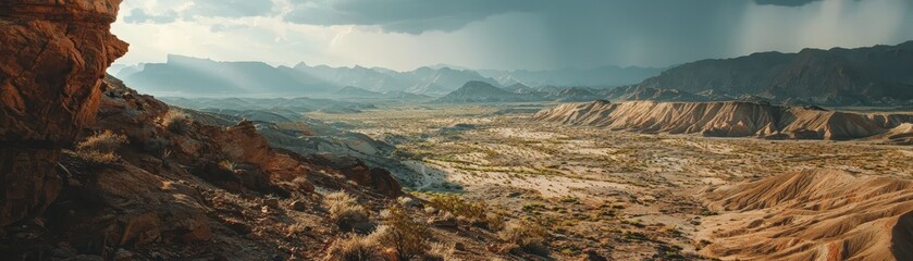 Fototapeta premium Panoramic view of a scenic mountainous valley with dramatic sky and rocky terrain, showcasing the beauty of nature and wilderness.