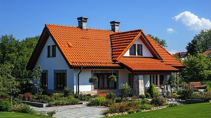 A White and Orange Suburban House with Lush Landscaping