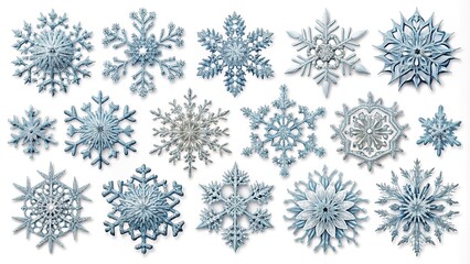 Intricate, symmetrical snowflake designs in various shapes and sizes, isolated on white backgrounds, await customization and printing for DIY winter crafts and decorations.