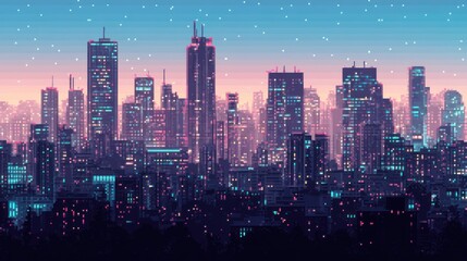 Fototapeta premium Pixelated Cityscape at Dusk with a Scattered Starry Sky