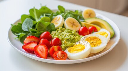 A vibrant plate of fresh vegetables, boiled eggs, and fruits, perfect for a healthy meal or balanced diet.