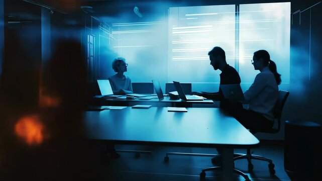 A group of people are sitting at a table with laptops, and the image is blurry. Scene is somewhat chaotic and busy, as the people are working on their laptops