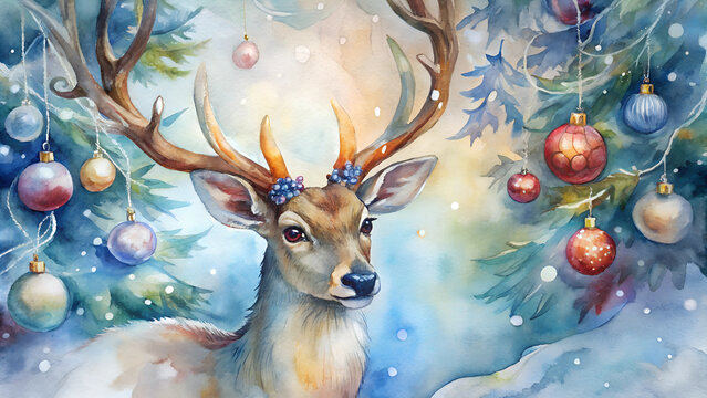 Deer on a Festive Background with Decorated Christmas Trees