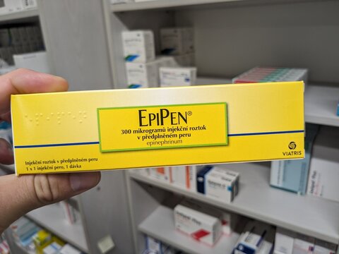 Prague, Czech Republic - August 29 2024: EPIPEN box of medication with epinephrine active substance by Mylan, used for treatment of anaphylaxis, severe allergic reactions, anaphylactic shock.	
