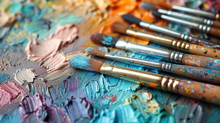 Obraz premium Colorful palette and brushes artistically arranged, showcasing vibrant hues and textures in artistic creation. Generative AI