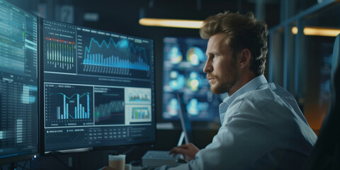 Stock trader. Professional trader analyzing trading graphs. Stock market trading charts screen on computer