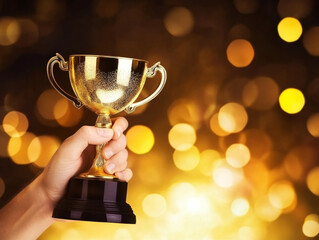 Hand holding a golden trophy in front of a bright background.