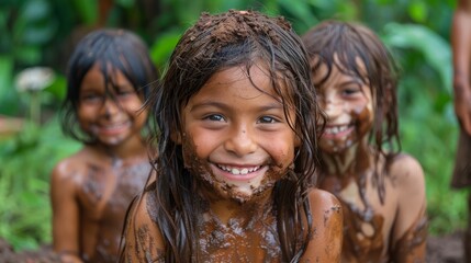 Fototapeta premium A group of happy children covered in mud share joyful smiles, playing together in a vibrant, green garden filled with natural beauty