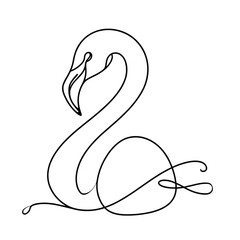 A flamingo is drawn in a line drawing style. The flamingo is sitting on a white background