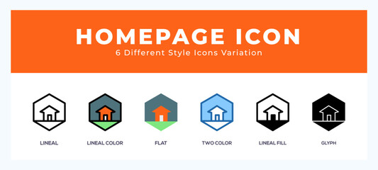 Homepage icon set with different styles. Vector illustration.