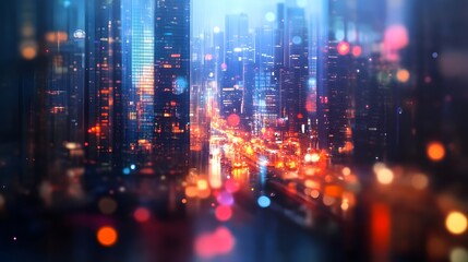abstract background of blurred skyscrapers at night business and technology concept. 