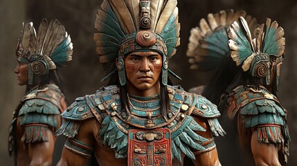 Fototapeta premium Aztec warriors in traditional attire prepare for vibrant rituals