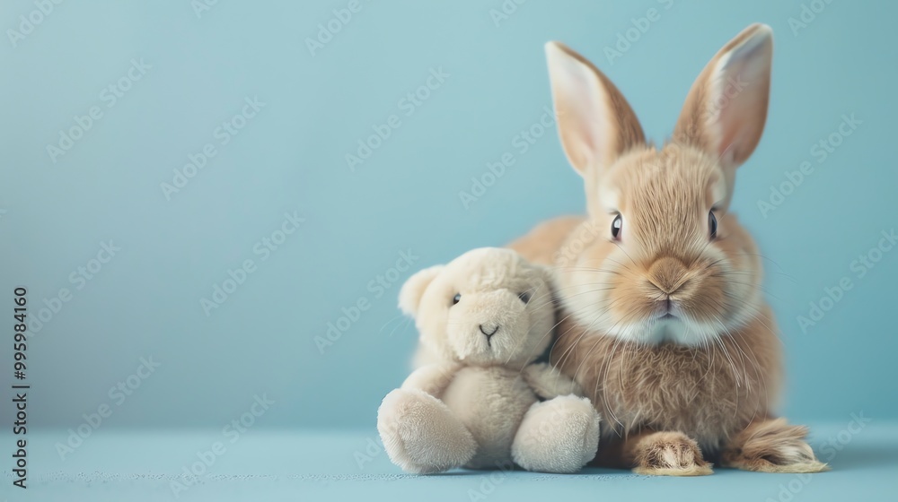 Poster A brown rabbit sitting next to a teddy bear on a light blue background.