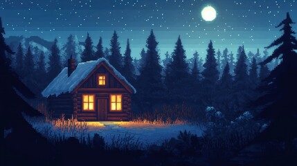 Fototapeta premium A Pixelated Cabin Illuminated in a Snowy Forest Under a Full Moon