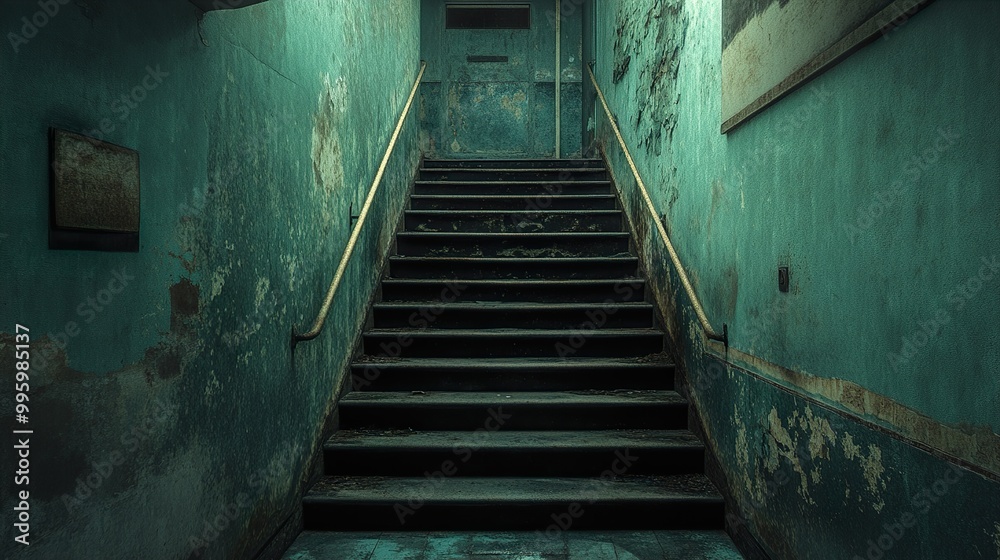 Wall mural A Glimpse into Time: Abandoned Staircase with Worn Green Walls