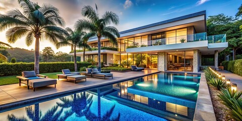 Fototapeta premium Luxurious modern mansion with sprawling grounds, sparkling blue infinity pool, and sleek outdoor lounge area surrounded by lush greenery and towering palm trees.