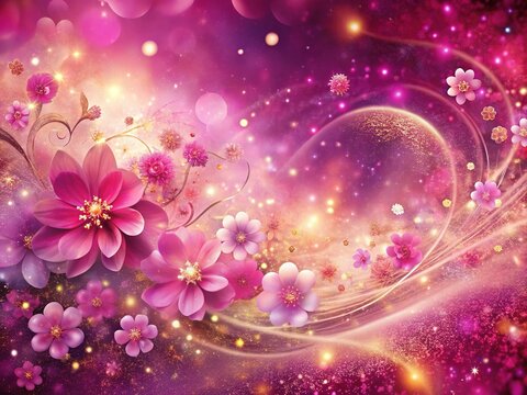 Magenta background bursts with whimsy, swirling clouds of iridescent sparkles and delicate glitters, infusing the scene with enchantment and fantasy.