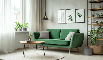 A green sofa in the living room, placed on an off-white carpet with wooden legs and metal shelves behind it. The walls have light-colored wood paneling, creating a bright atmosphere