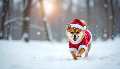 Cute Shiba Inu in a Fun Santa Claus Costume RunningPlayfully Through a Beautiful Winter Wonderland Filled with Snow