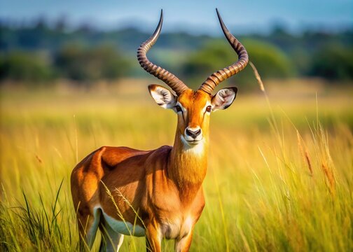 Majestic inyala antelope with spiral horns and reddish-brown coat stands alertly in sun-drenched savannah grasslands, showcasing its striking beauty and impressive strength.