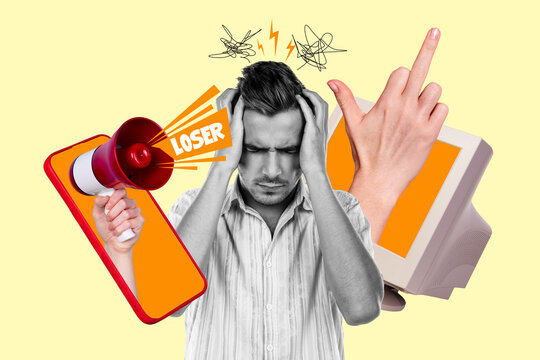 Trend artwork composite sketch photo collage of hand appear hold megaphone display young man confused rude gesture fucking computer