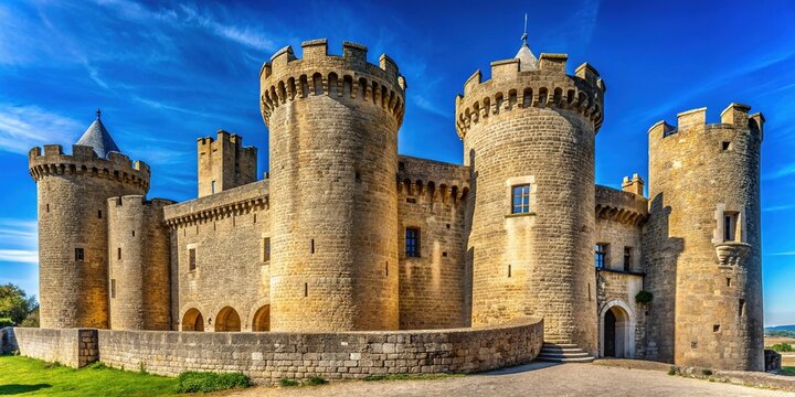 Majestic stone medieval castle stands tall against a brilliant blue sky, its cylindrical towers and parapets rising towards the heavens, steeped in history and grandeur.