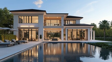 Modern Luxury Home with Swimming Pool at Dusk