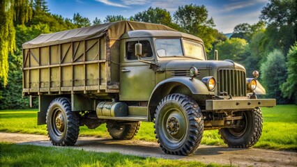 Obraz premium Old military truck is parked on a dirt road in the countryside, with green fields and trees in the background